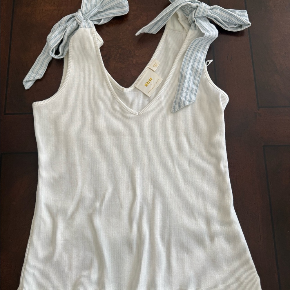 Anthropologie White Ribbed Tie-Shoulder Tank Top